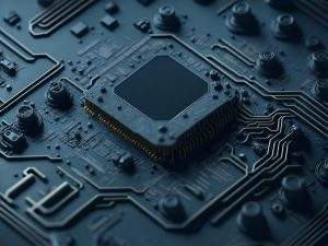 藍色高科技電路板與中央處理晶片特寫：象徵車規級半導體架構，用於解析軟體定義汽車（SDV）的硬體運算基座